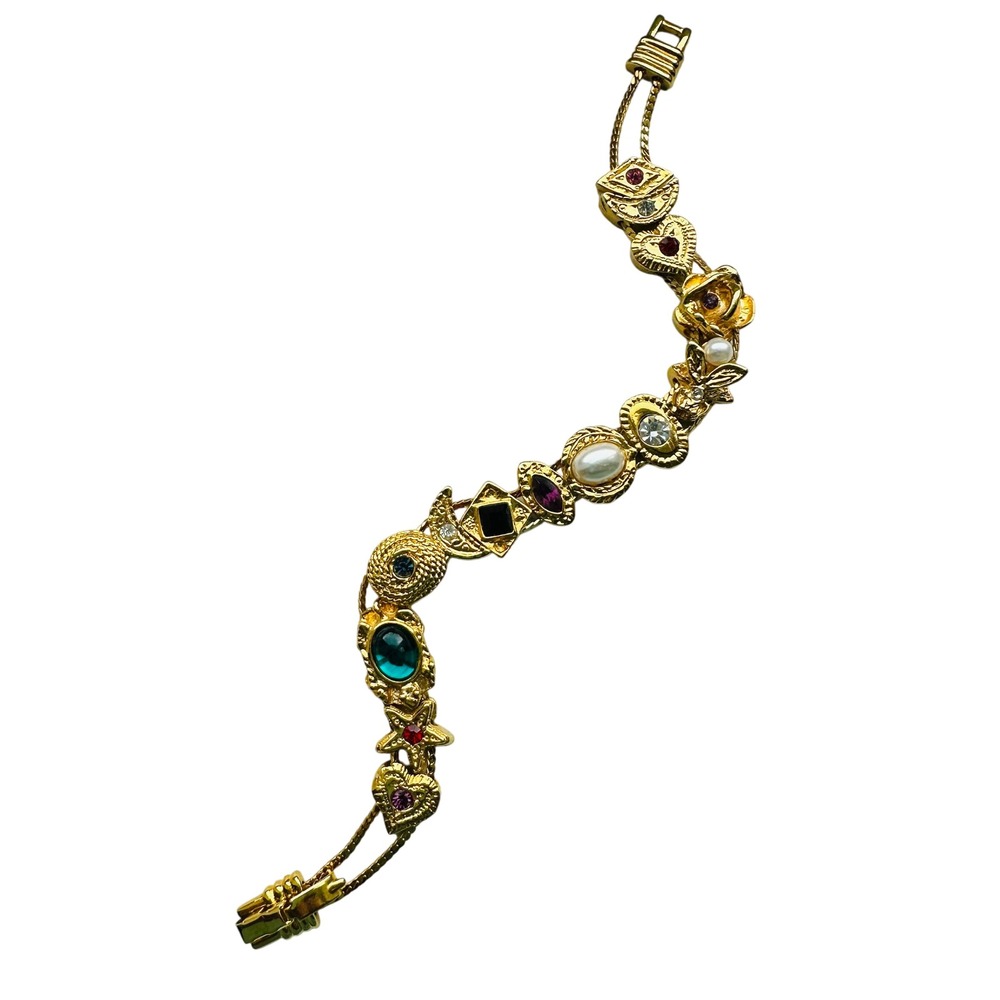 Vintage Gold Tone Multi Charm Slide Bracelet Faux Pearl Gemstone Celestial Heart